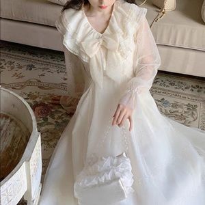 Korean Brand Vintage Women’s Sparkly Bow Lace Cream White Midi Dress Size S